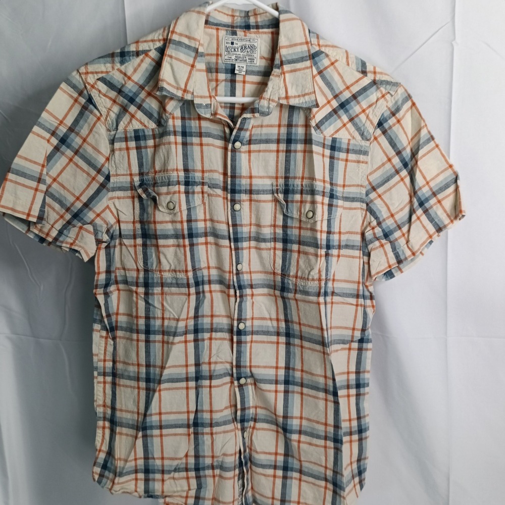 Lucky Brand Mens Medium Orange Blue Plaid Short Sleeve Western Pearl Snap Shirt